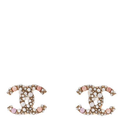Chanel Pearl Crystal CC Charms Stud Earrings Light Gold Pink 1 of 5