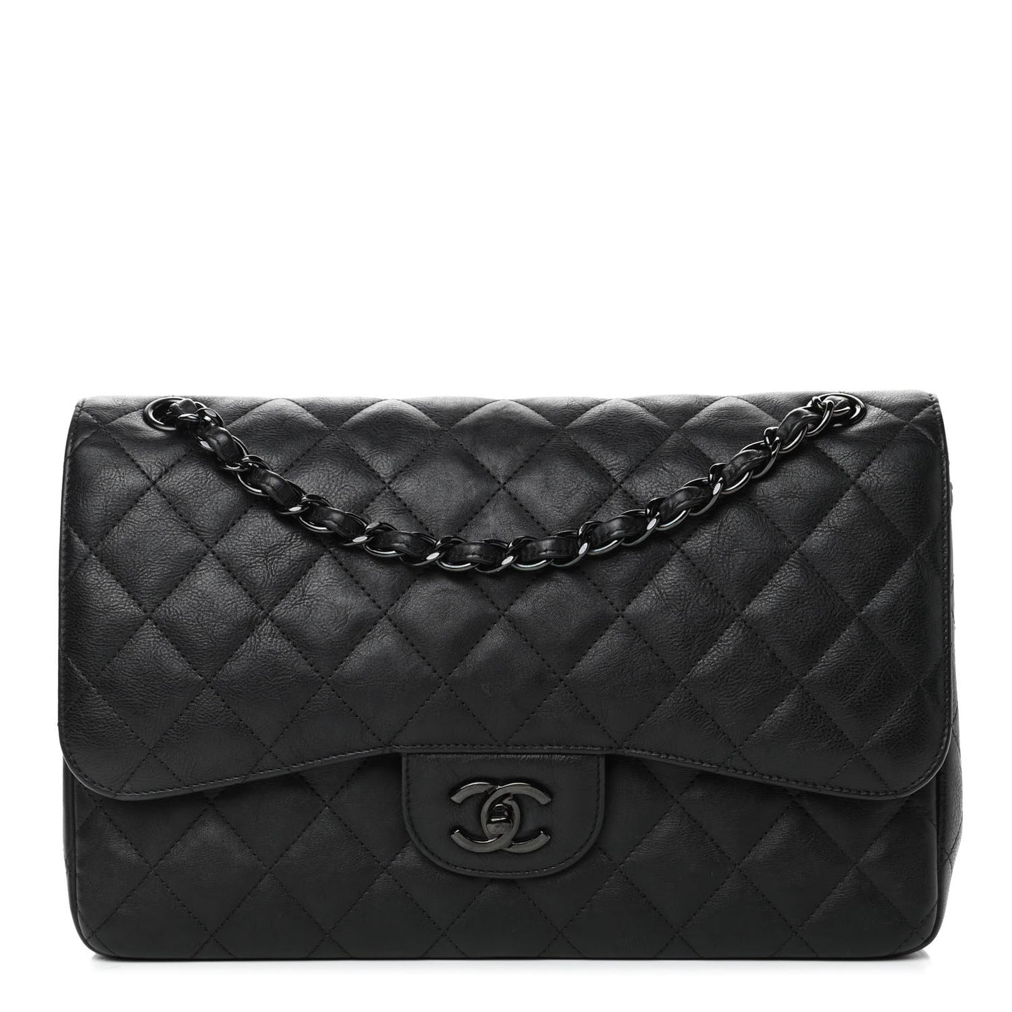 Crumpled Calfskin Quilted Jumbo Double Flap So Black