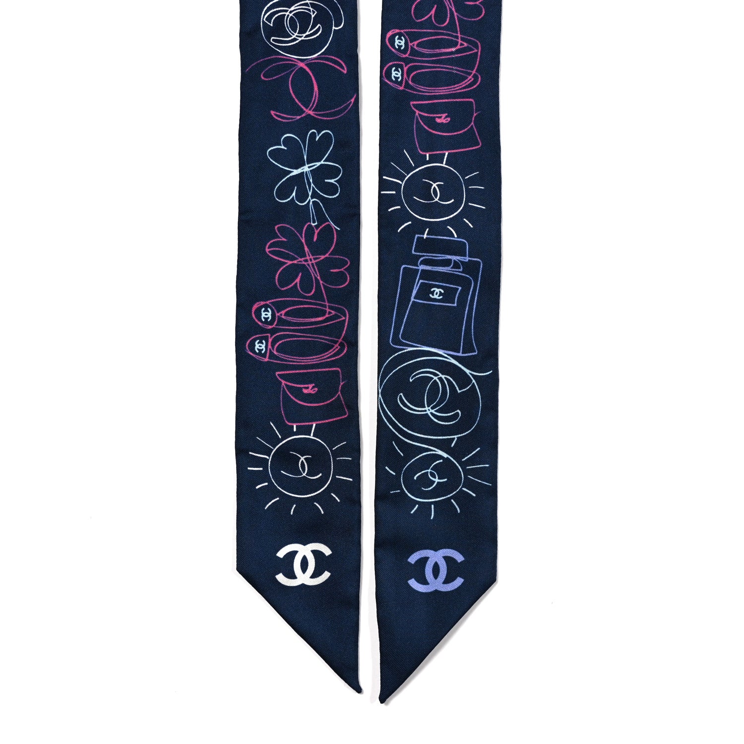 Chanel Silk Twill CC Logo Slim Bandeau Scarf Navy Blue Multicolor
