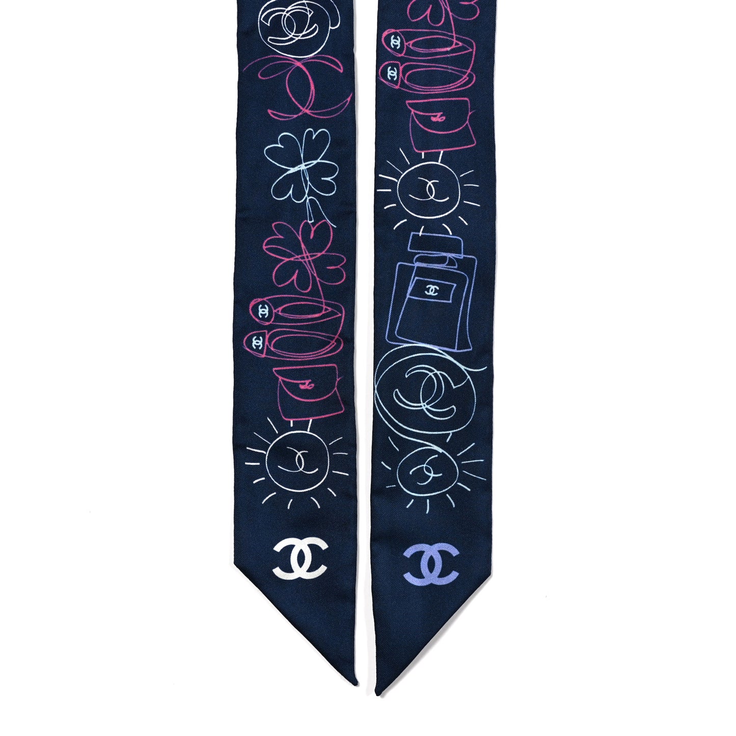 Silk Twill CC Logo Slim Bandeau Scarf Navy Blue Multicolor