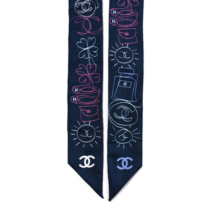 Chanel Silk Twill CC Logo Slim Bandeau Scarf Navy Blue Multicolor 2 of 4