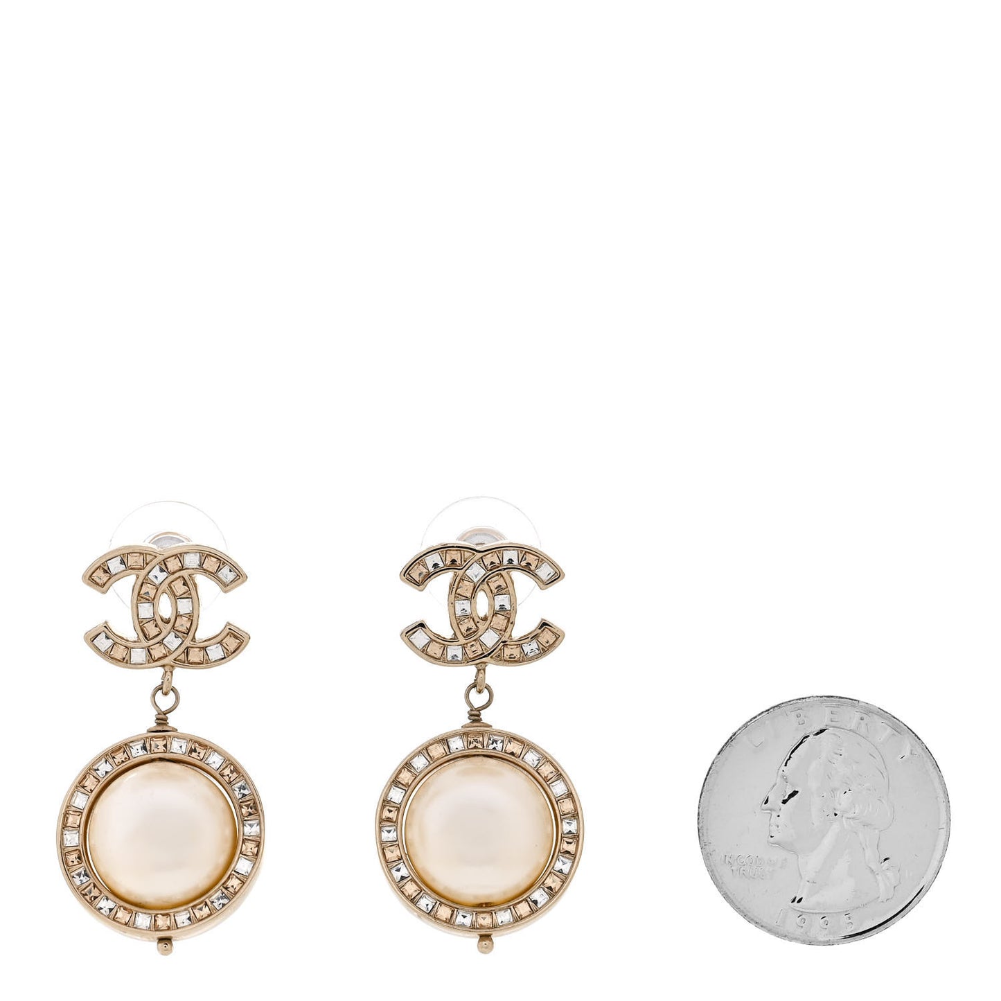 Baguette Crystal CC Pearl Drop Art Decoco Earrings Light Gold
