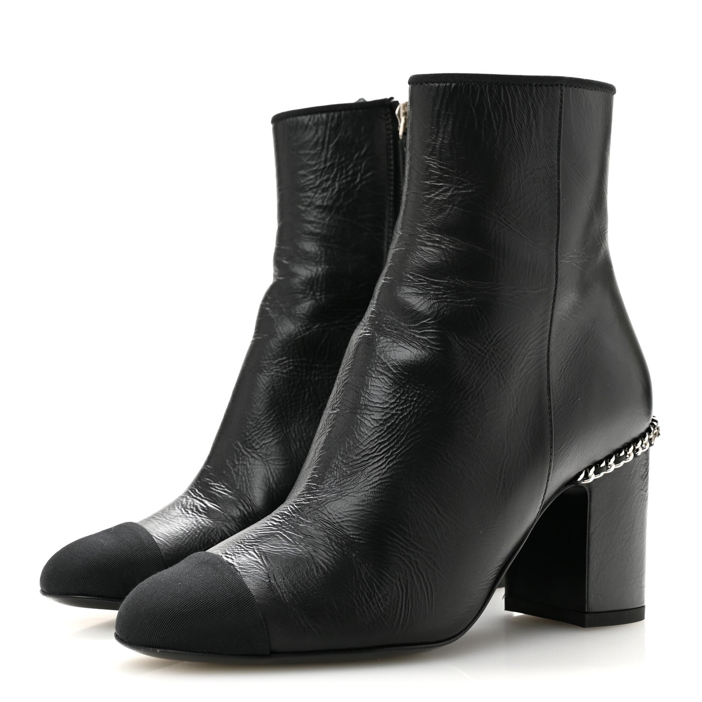 Crumpled Calfskin Cap Toe Chain Short Boots 35 Black