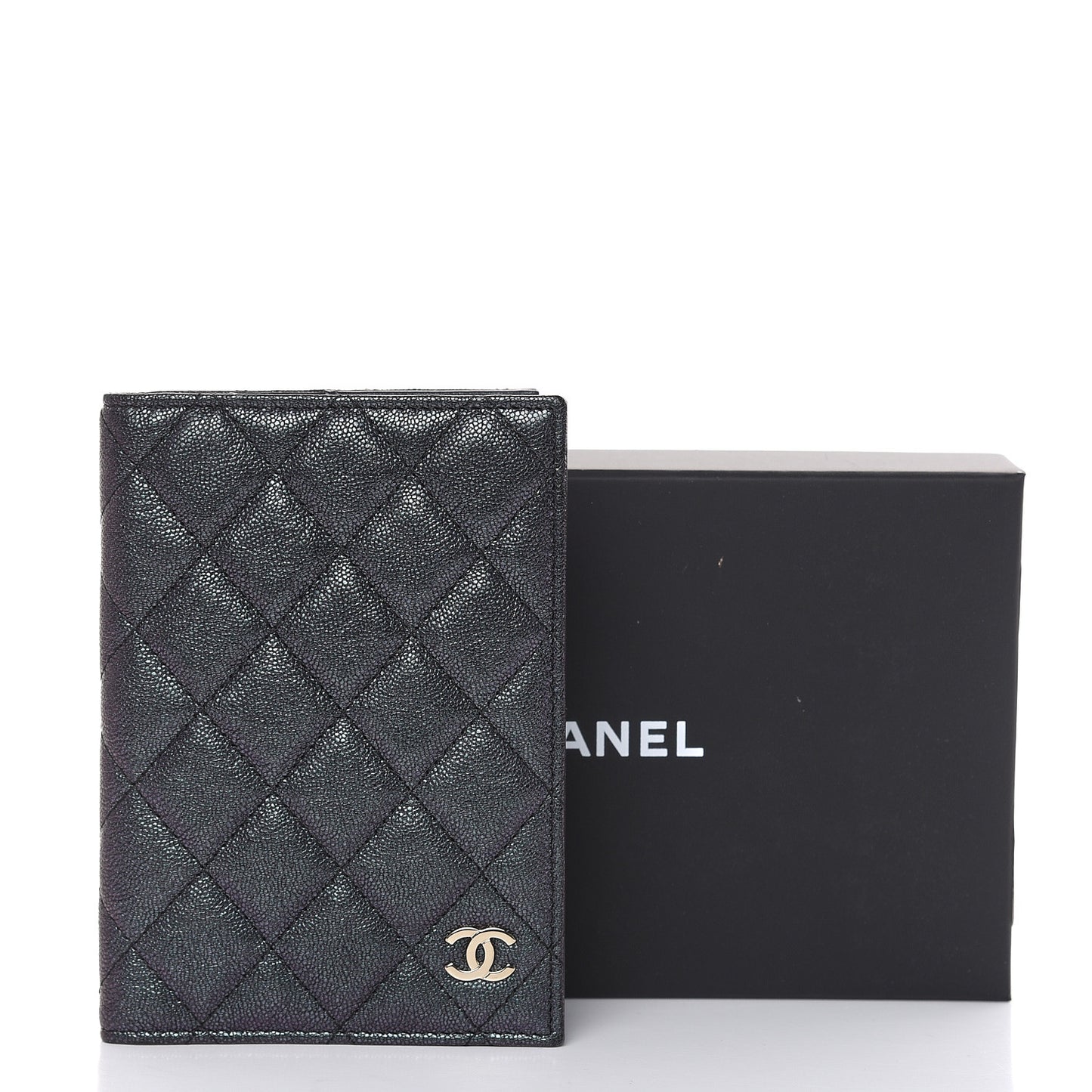 Iridescent Caviar Quilted Passport Holder Black