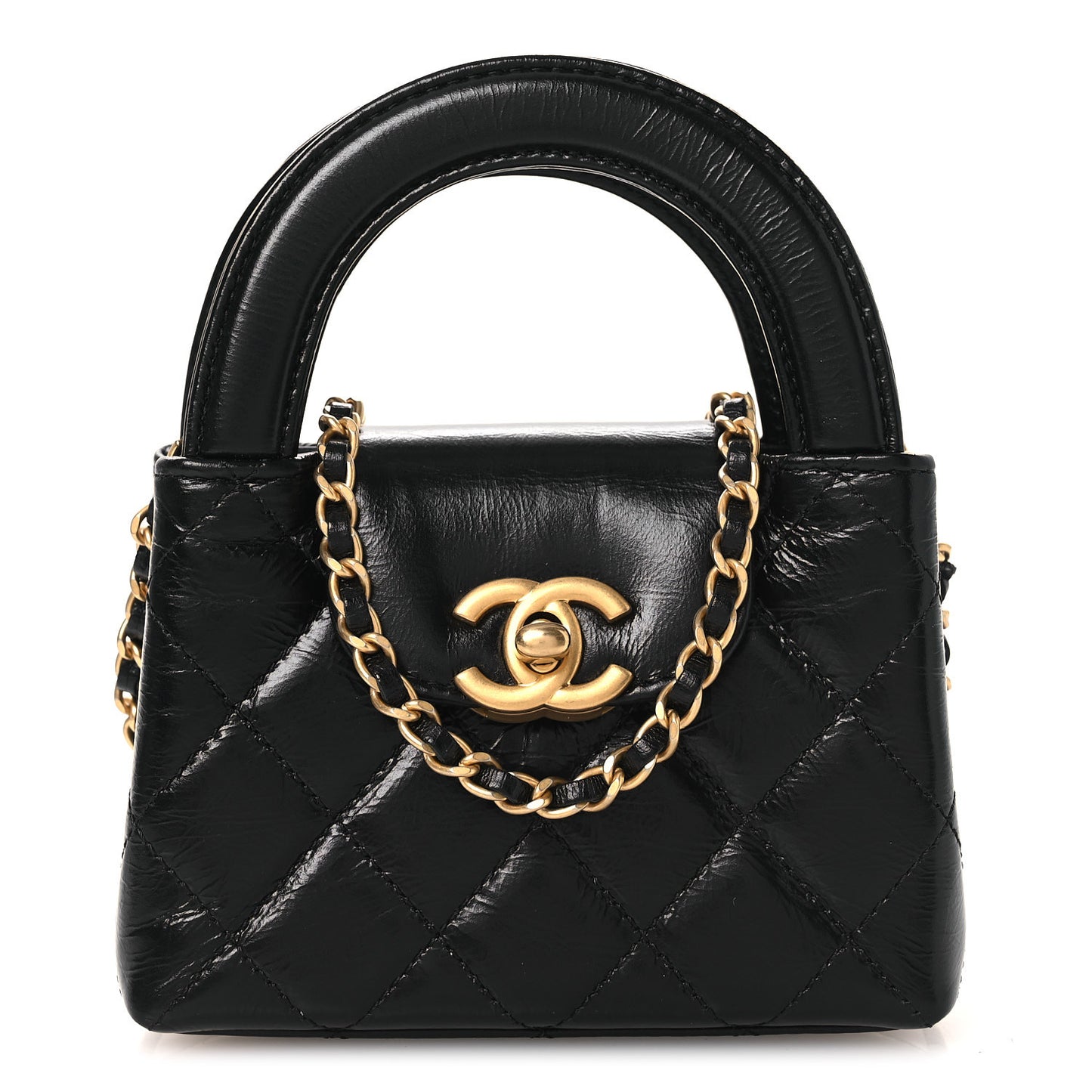 Shiny Aged Calfskin Quilted Mini Nano Kelly Shopper Black