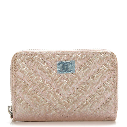 Chanel Metallic Caviar Chevron Quilted Zip Around Coin Purse Light Gold 1 of 7
