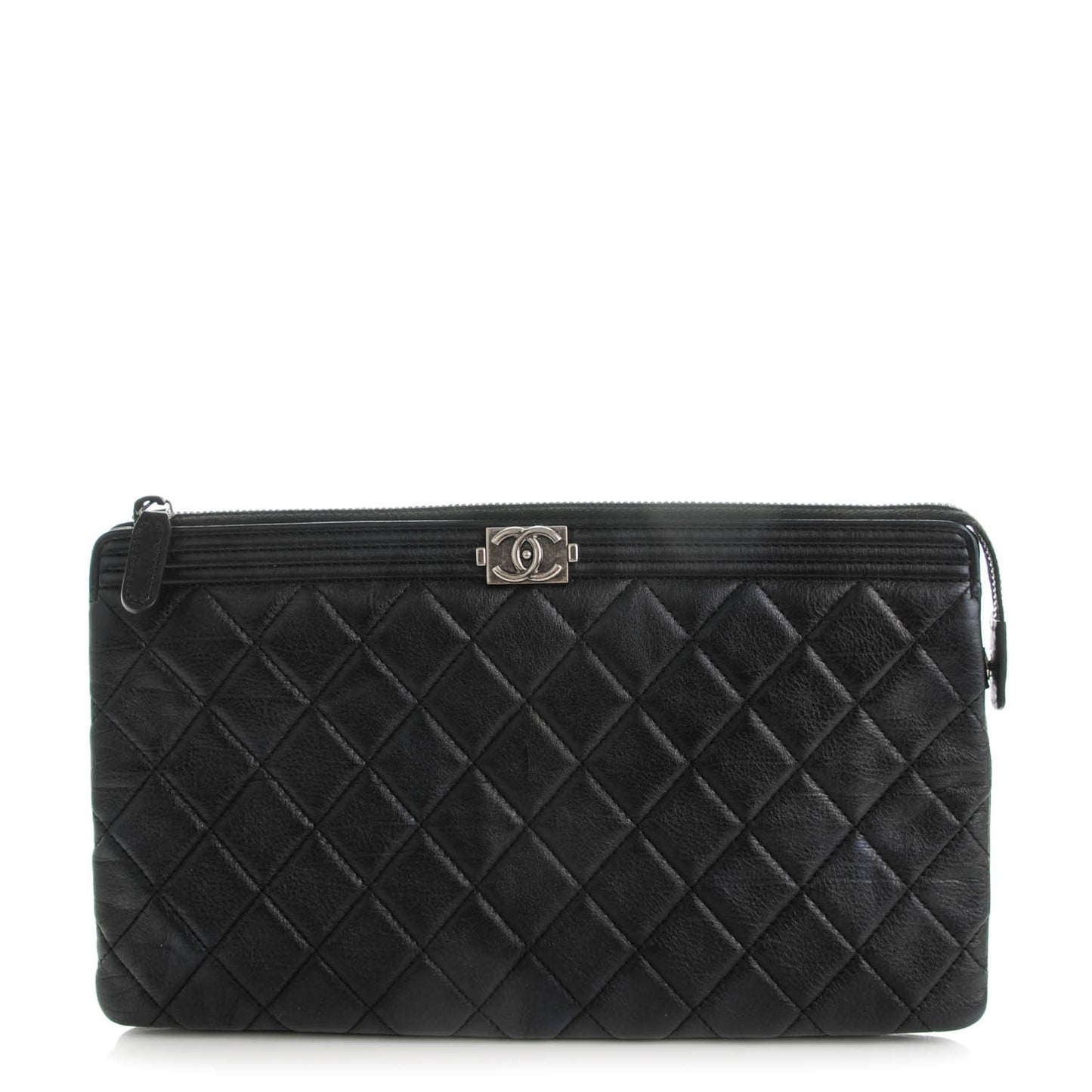 Calfskin Quilted Small Zipped Boy Pouch Black