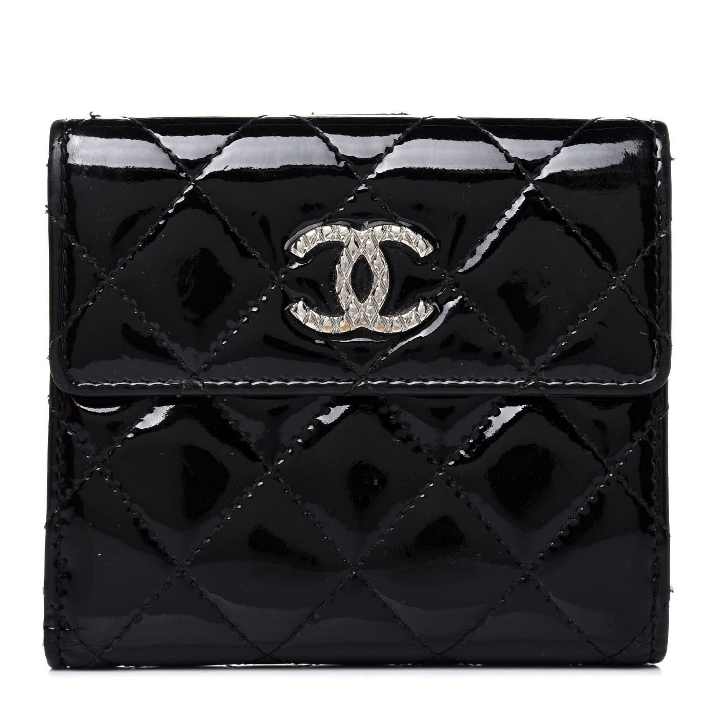 Patent Quilted Brilliant French Flap Wallet Black