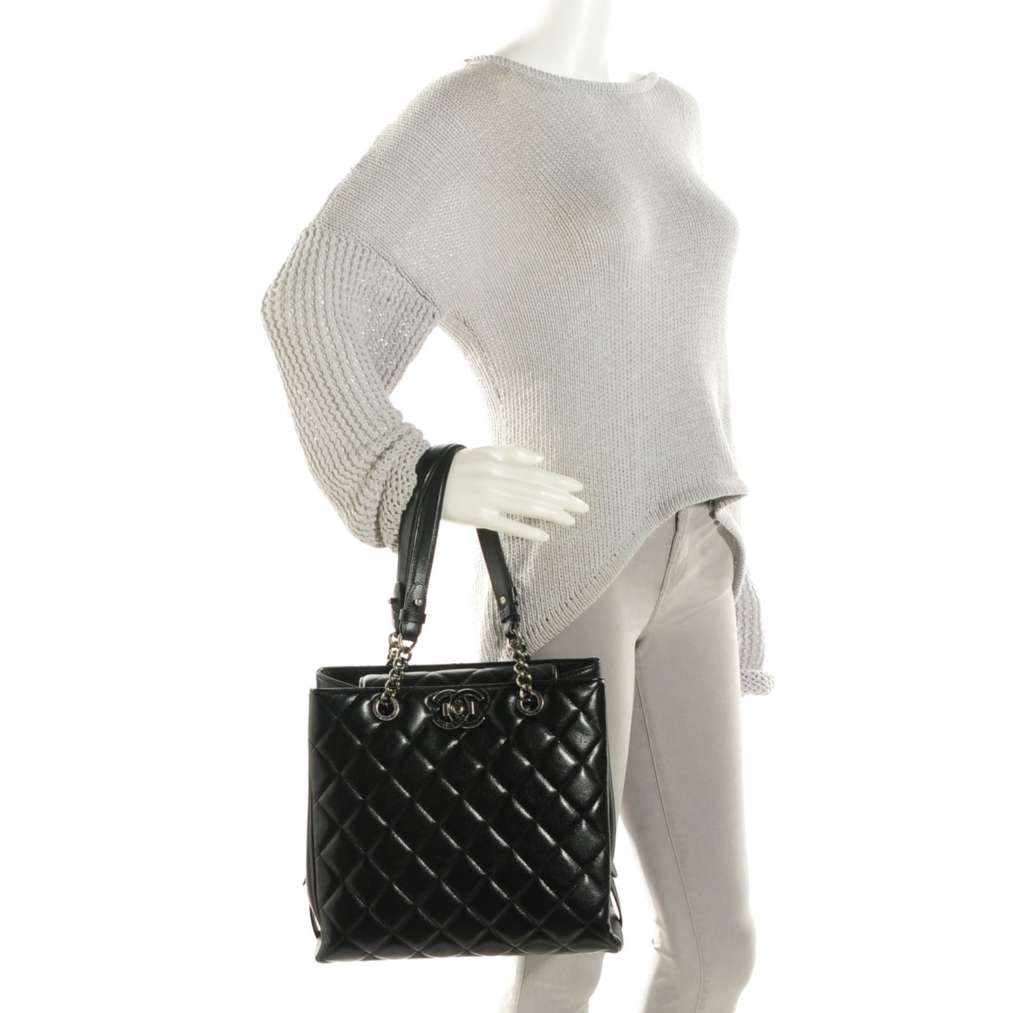 Metallic Goatskin Quilted Small City Rock Shopping Tote Black