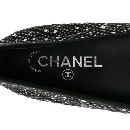 Chanel Tweed Crystal Grosgrain Cap Toe Ballerina Flats 39 Black White 7 of 8