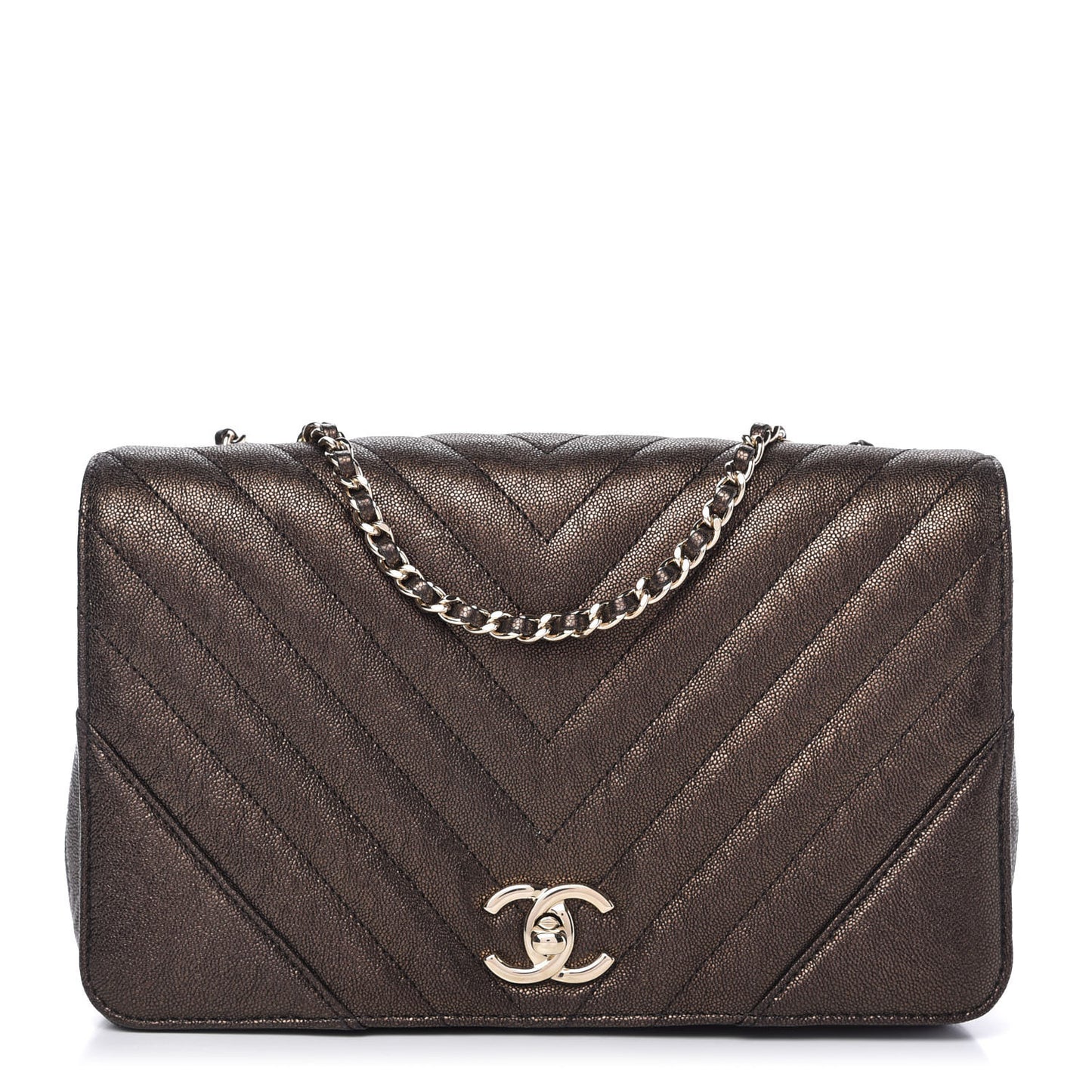 Metallic Caviar Chevron Quilted Medium Statement Flap Bronze