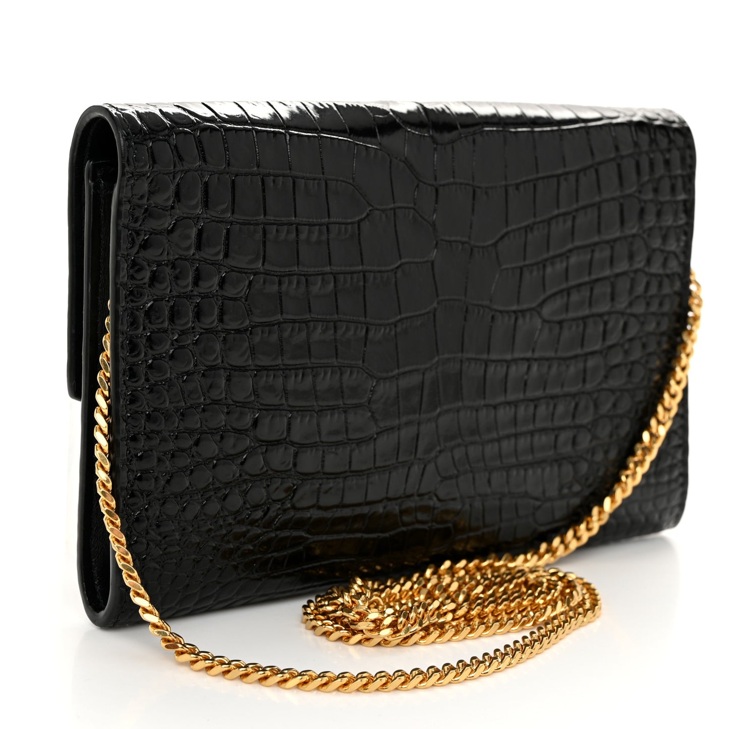 Calfskin Crocodile Embossed Monogram Uptown Chain Wallet Black