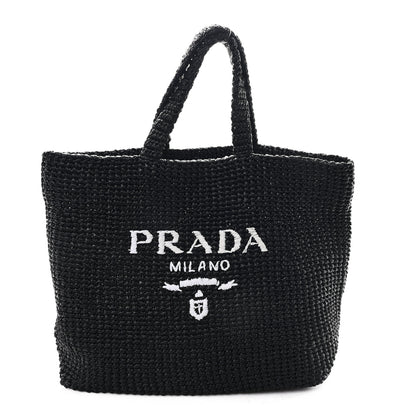 Prada Yarn Raffia Effect Crochet Large Logo Tote Black 1 of 11