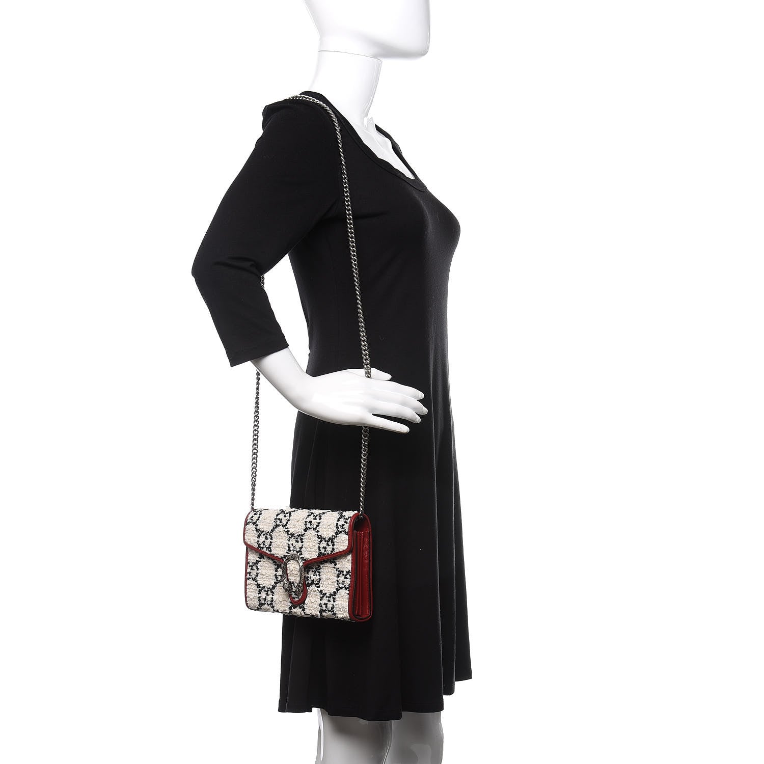 Gucci Tweed GG Monogram Mini Dionysus Chain Wallet White Black Romantic Cherry 2 of 10