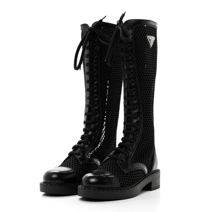 Prada Rete Spazzolato Rois Metal Triangle Logo Womens Knee High 50mm Boots 35 Black 3 of 9