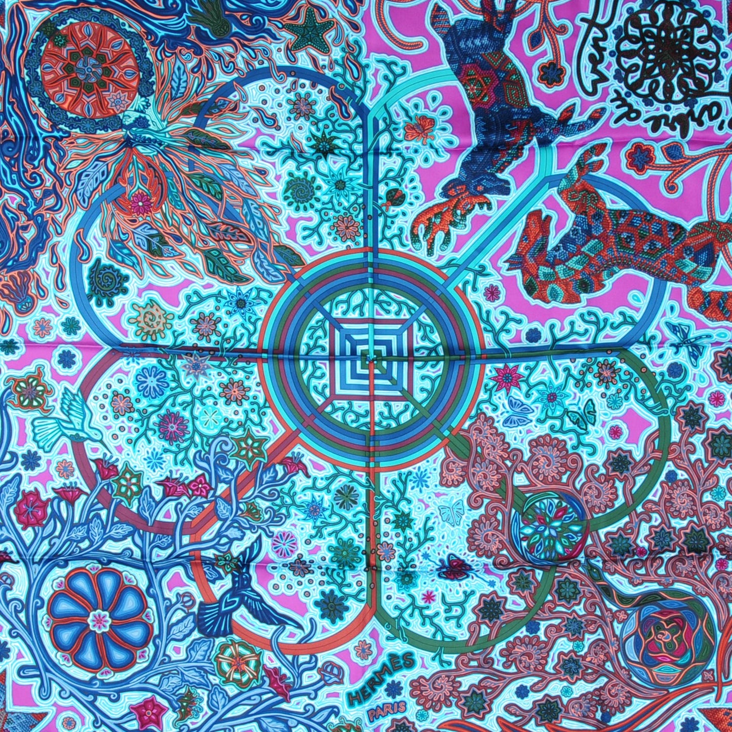 Silk L'Arbre Du Vent Scarf 90 Bleu Fuchsia Turquoise