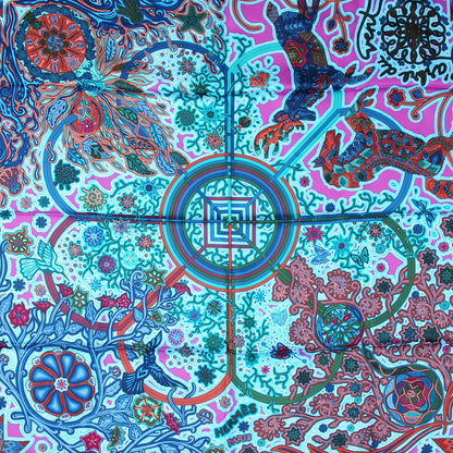 Hermes Silk L'Arbre Du Vent Scarf 90 Bleu Fuchsia Turquoise 1 of 7