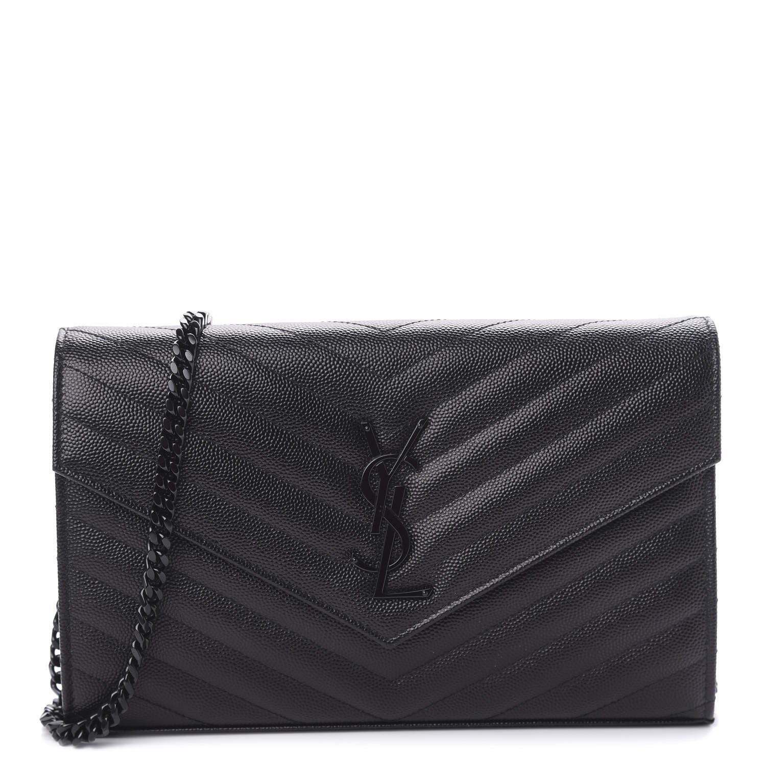 Saint Laurent Grain De Poudre Matelasse Chevron Monogram Chain Wallet Black 1 of 9
