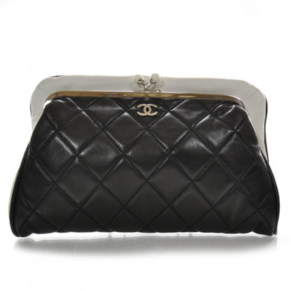 Chanel Lambskin Quilted Resin Pearl Clasp Clutch Black White 1 of 8