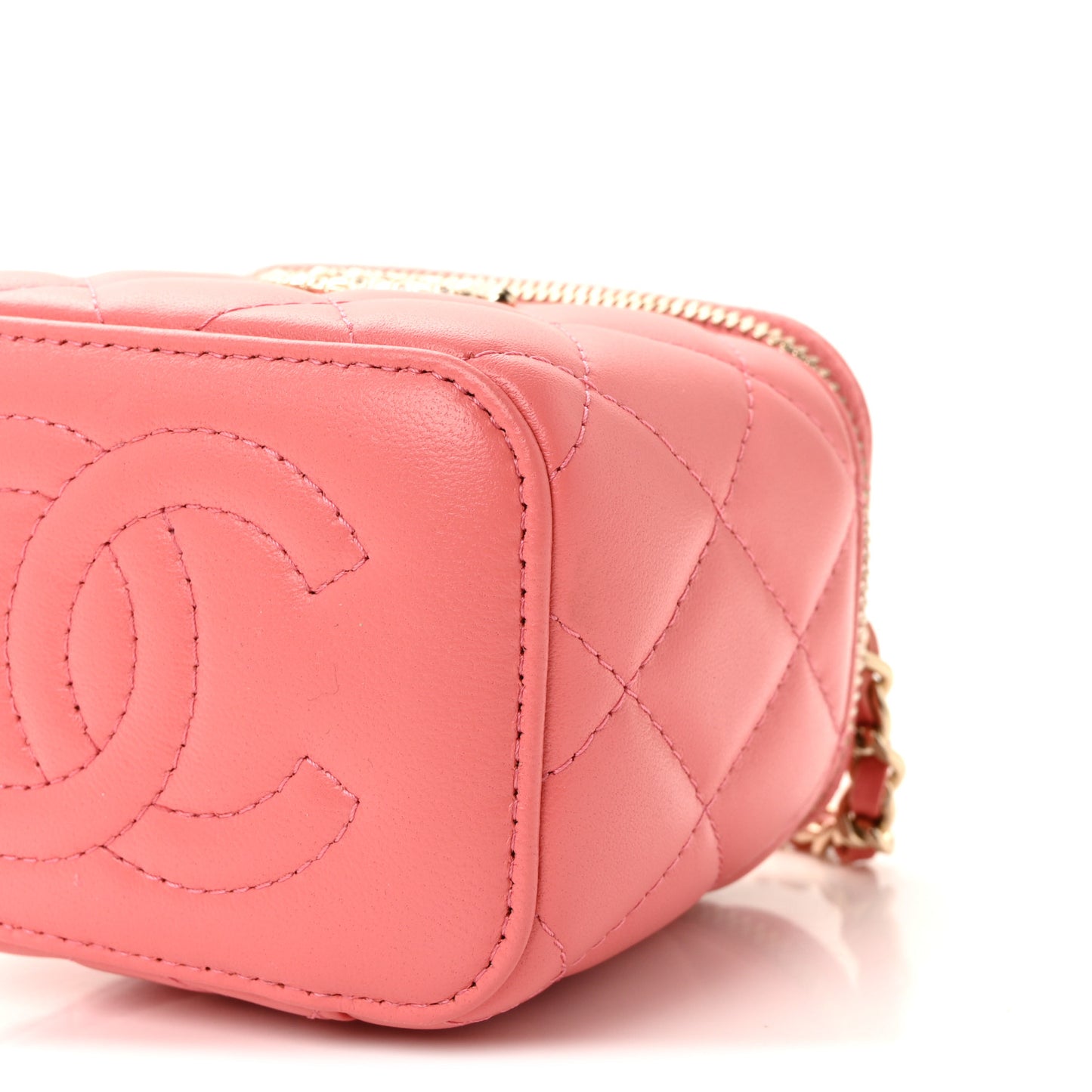 Lambskin Quilted Crystal Top Handle Mini Vanity Case With Chain Coral