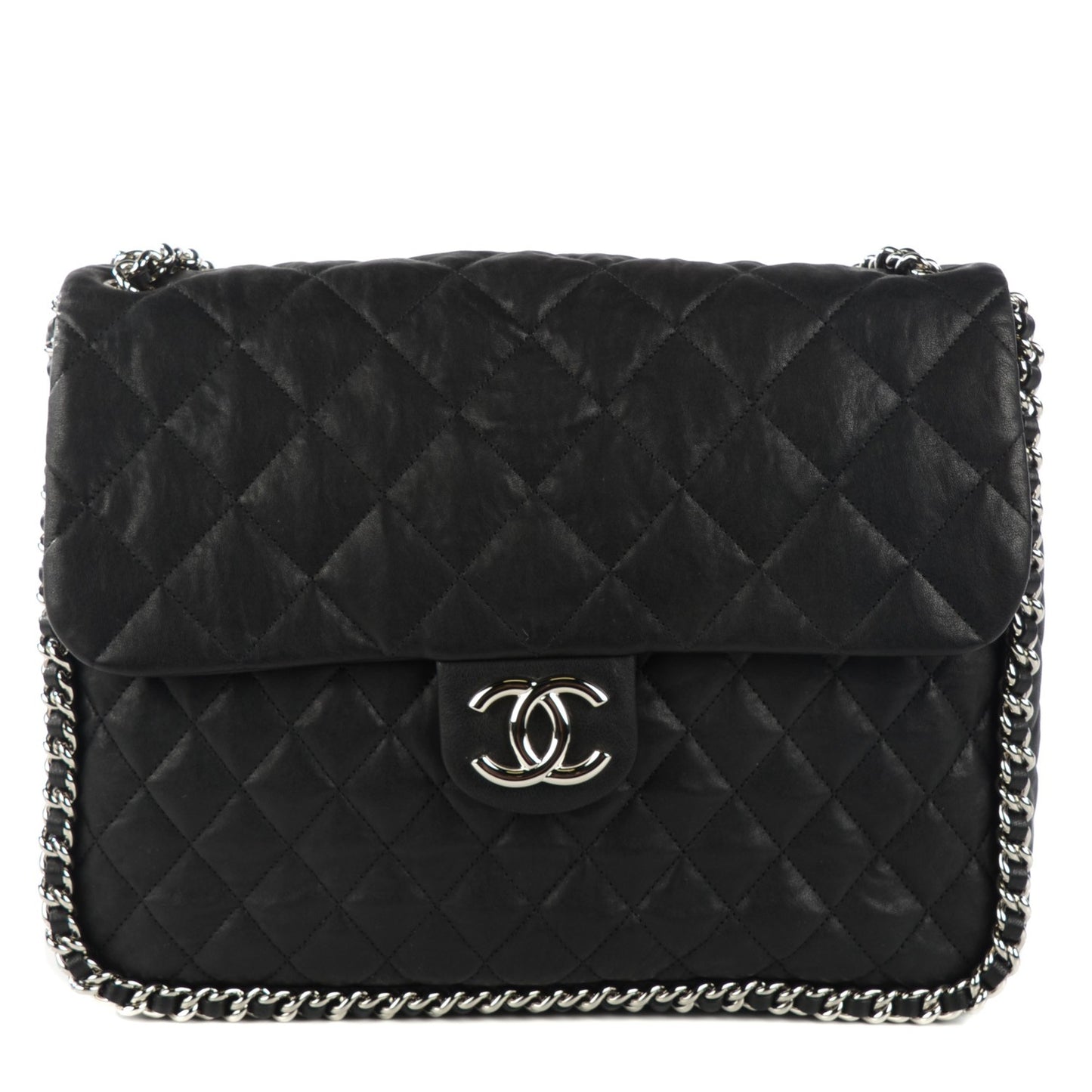 Washed Lambskin Quilted Maxi Chain Around Flap Black