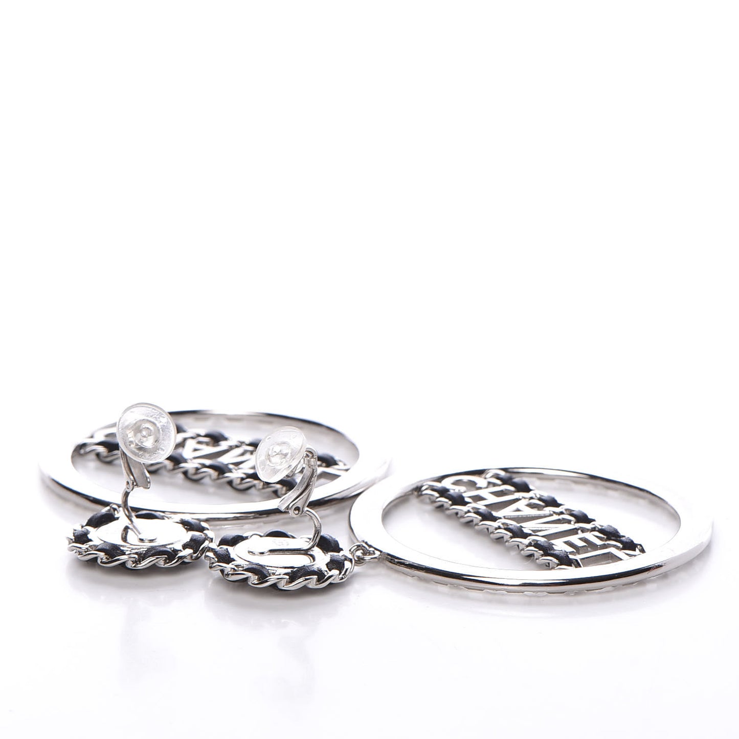 Crystal Lambskin Chain CC Hoop Clip On Earrings Black Silver