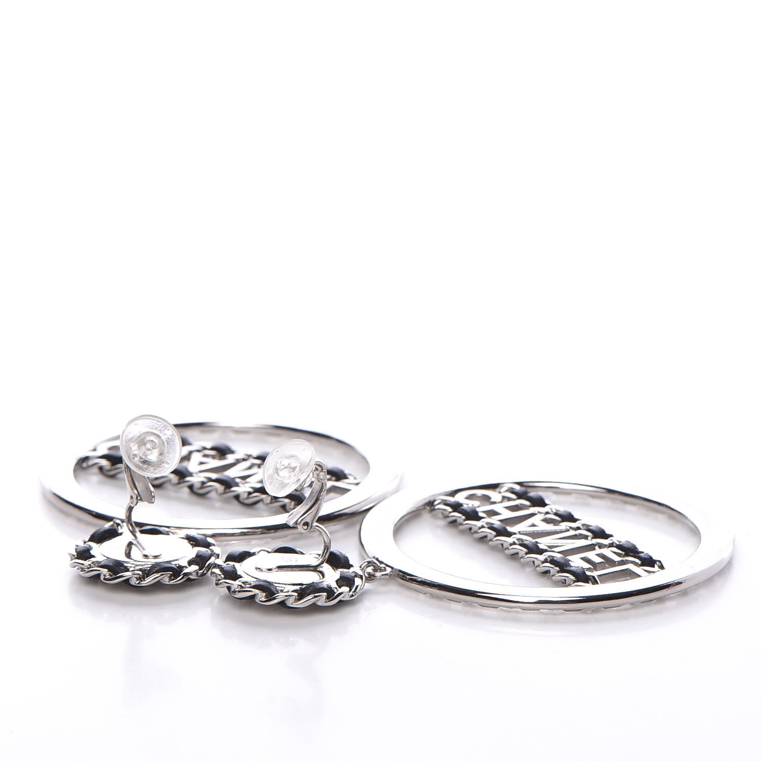 Chanel Crystal Lambskin Chain CC Hoop Clip On Earrings Black Silver 3 of 4