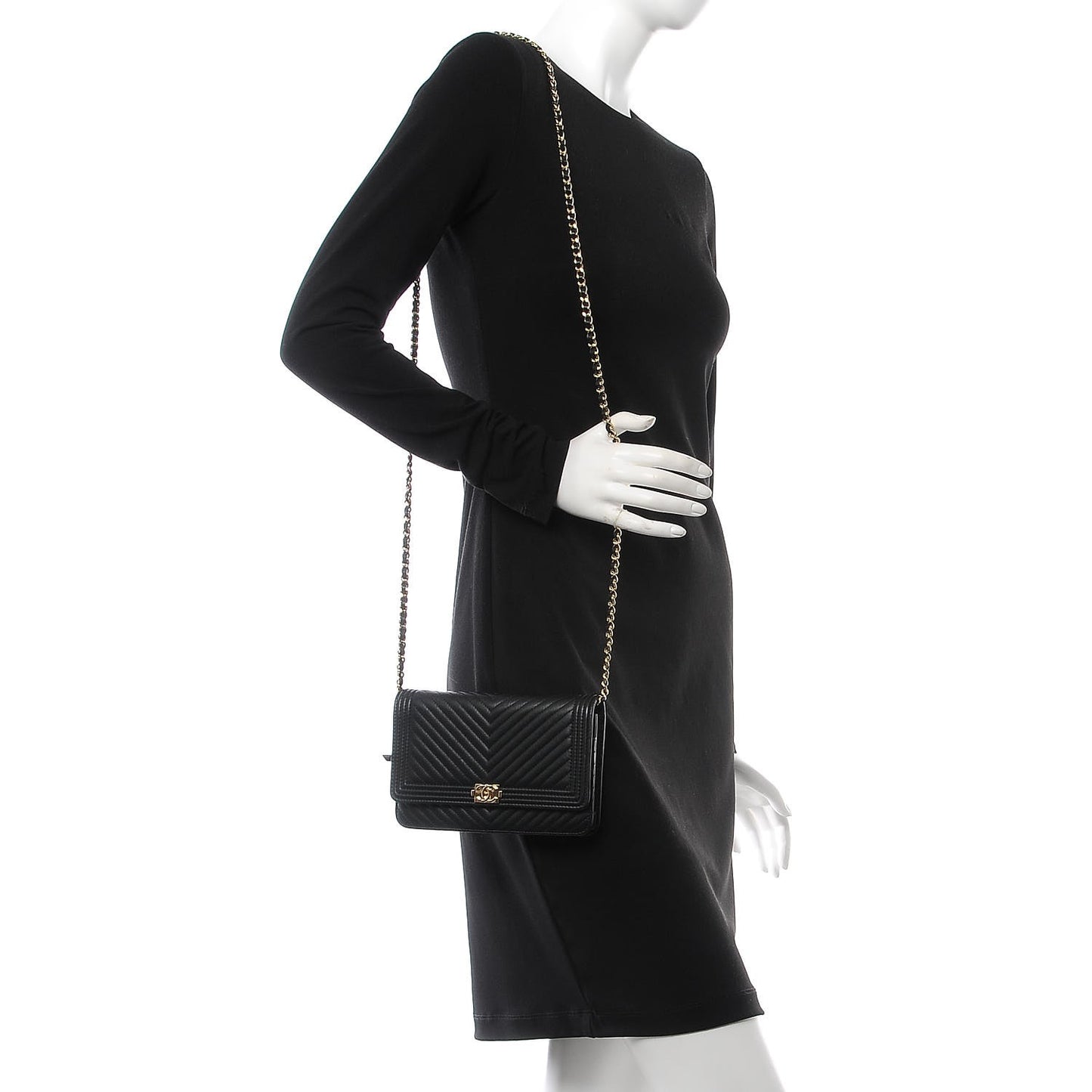 Calfskin Chevron Quilted Boy Wallet On Chain WOC Black