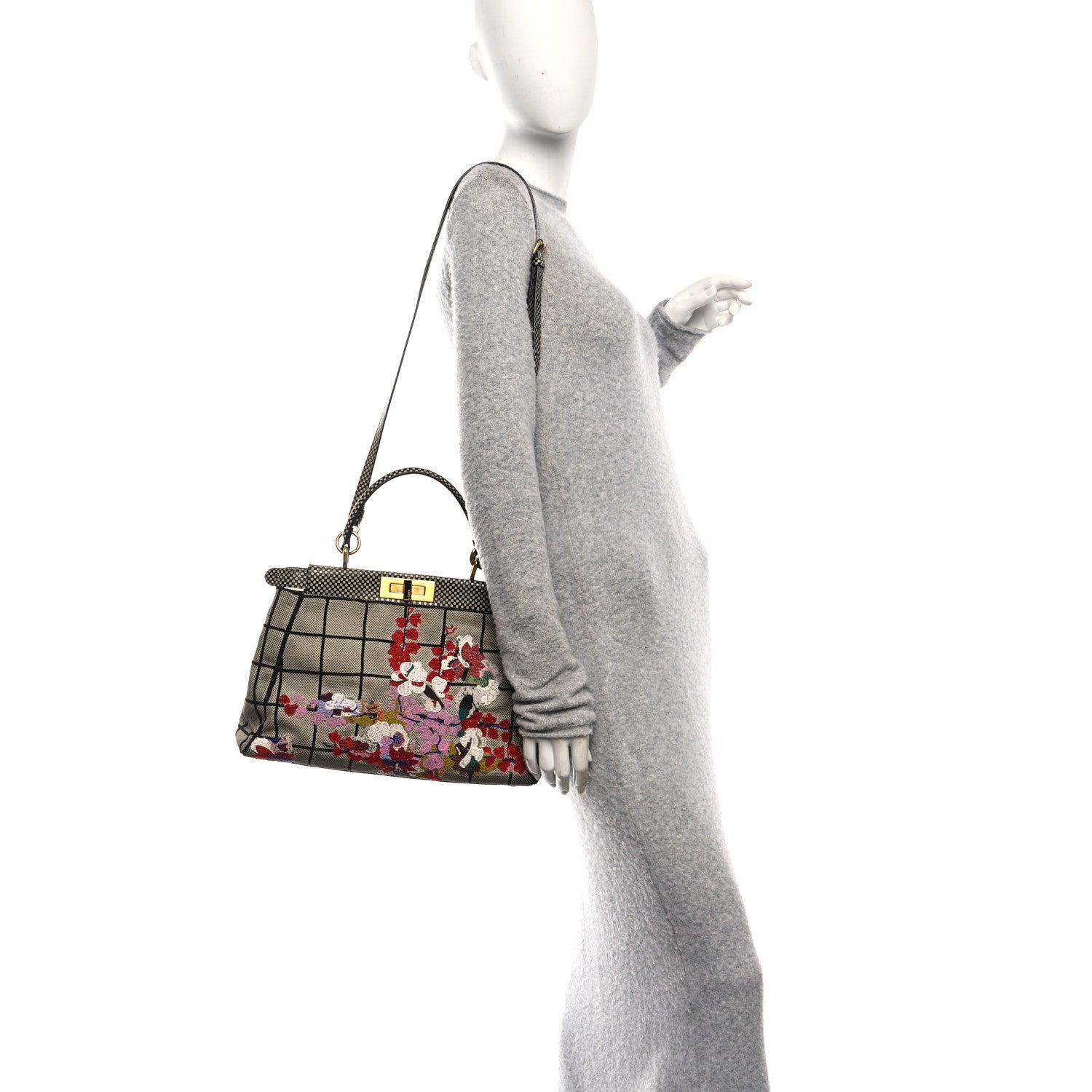 Fendi Canvas Calfskin Embroidered Medium Peekaboo Iconic Satchel Black Beige Multicolor 2 of 9