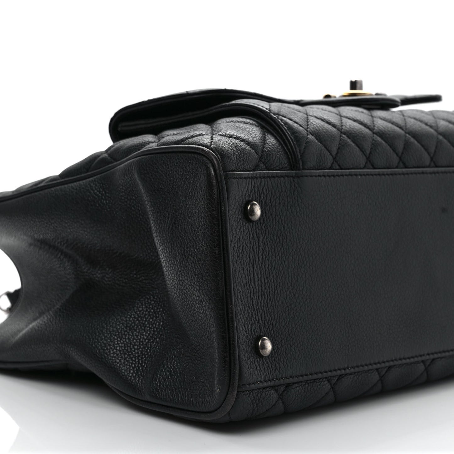 Metallic Grained Calfskin Quilted Large Casual Pocket Tote Black