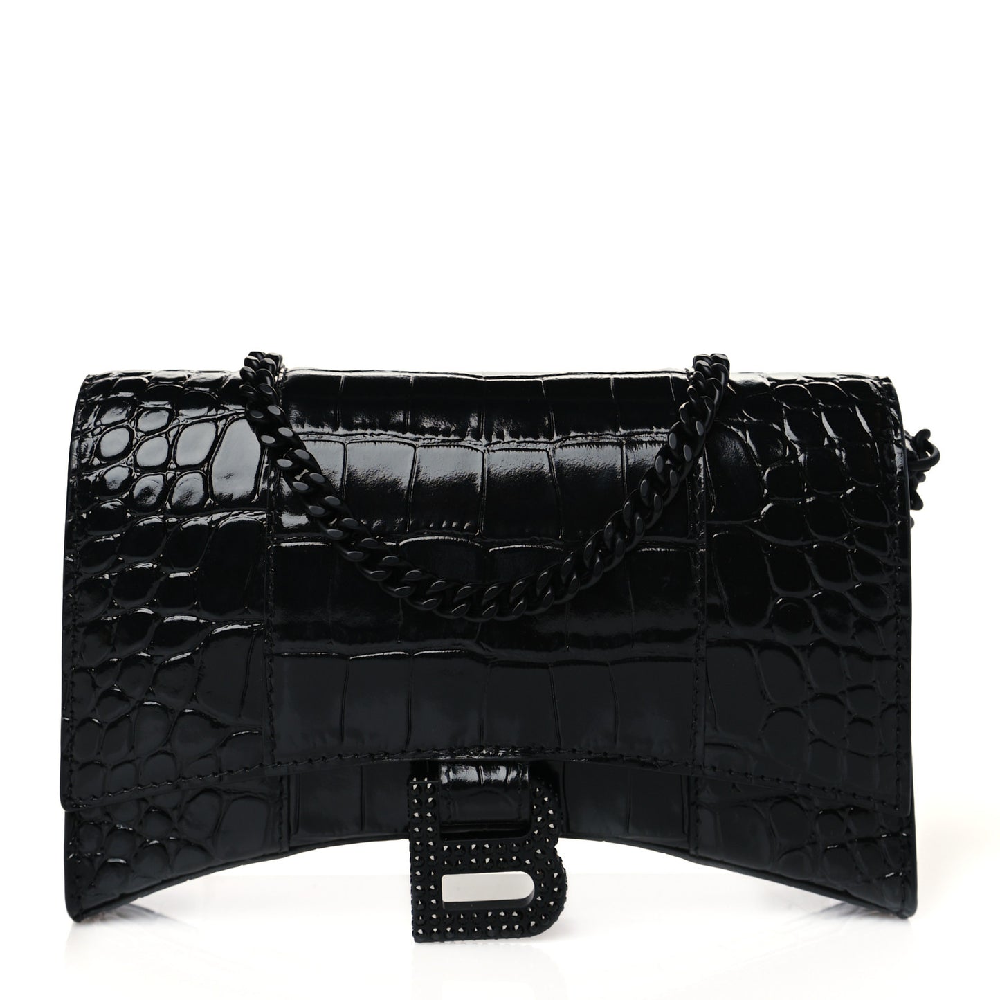 Shiny Calfskin Strass Monochrome Crocodile Embossed Hourglass Chain Bag Black