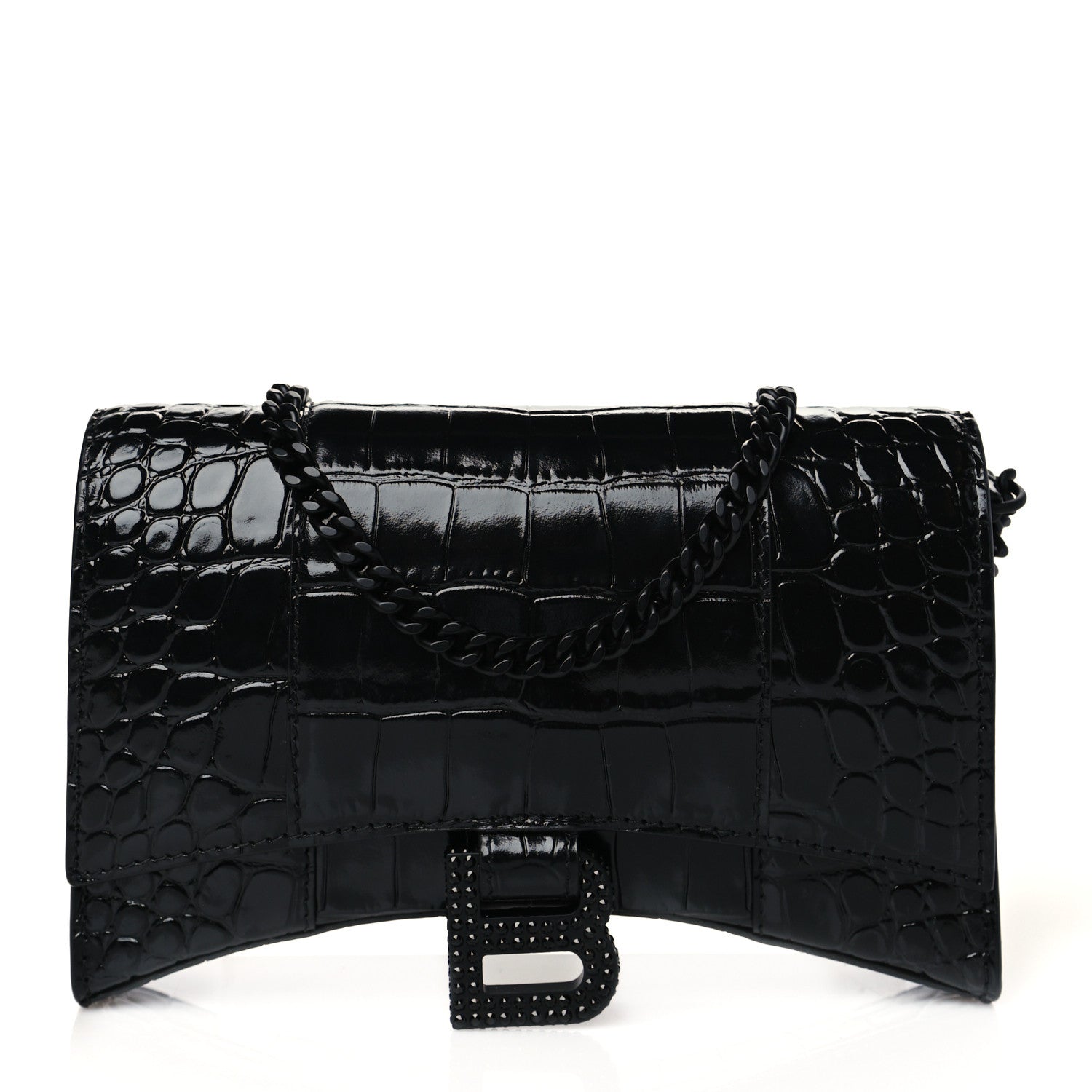 Balenciaga Shiny Calfskin Strass Monochrome Crocodile Embossed Hourglass Chain Bag Black 1 of 9
