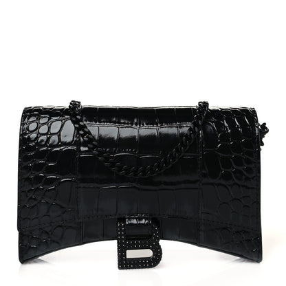 Balenciaga Shiny Calfskin Strass Monochrome Crocodile Embossed Hourglass Chain Bag Black 1 of 9