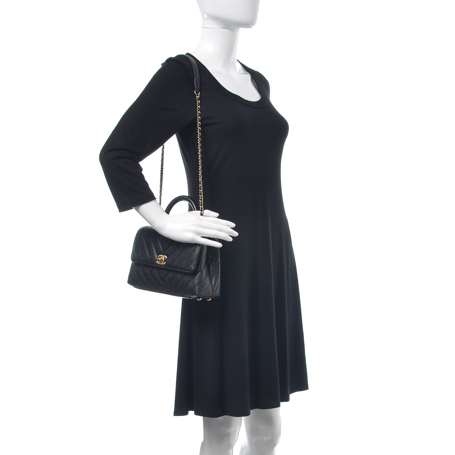 Caviar Chevron Quilted Mini Coco Handle Flap Black