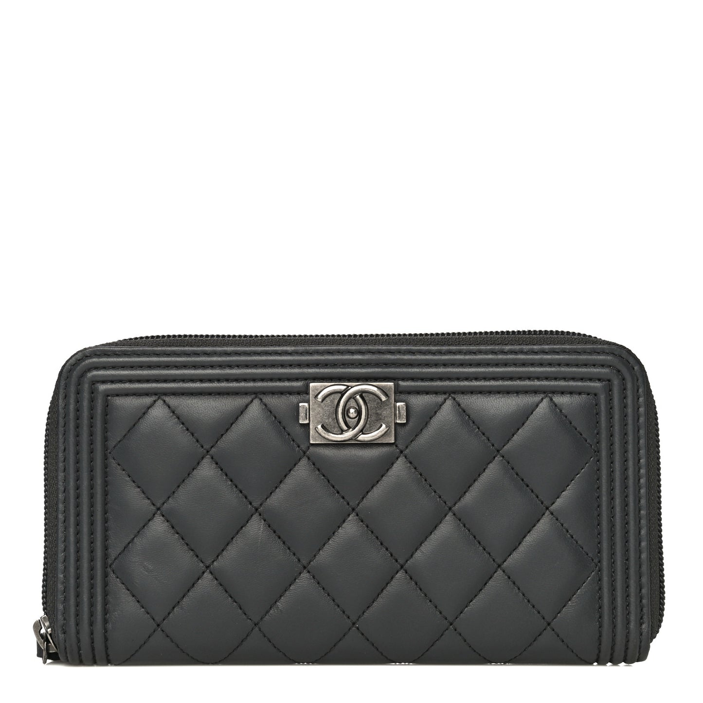 Lambskin Quilted Boy Zip Around Wallet Dark Grey