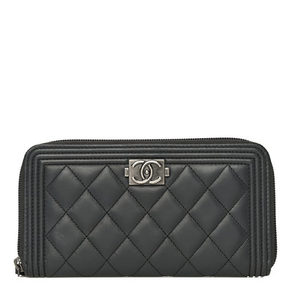 Chanel Lambskin Quilted Boy Zip Around Wallet Dark Grey 1 of 18