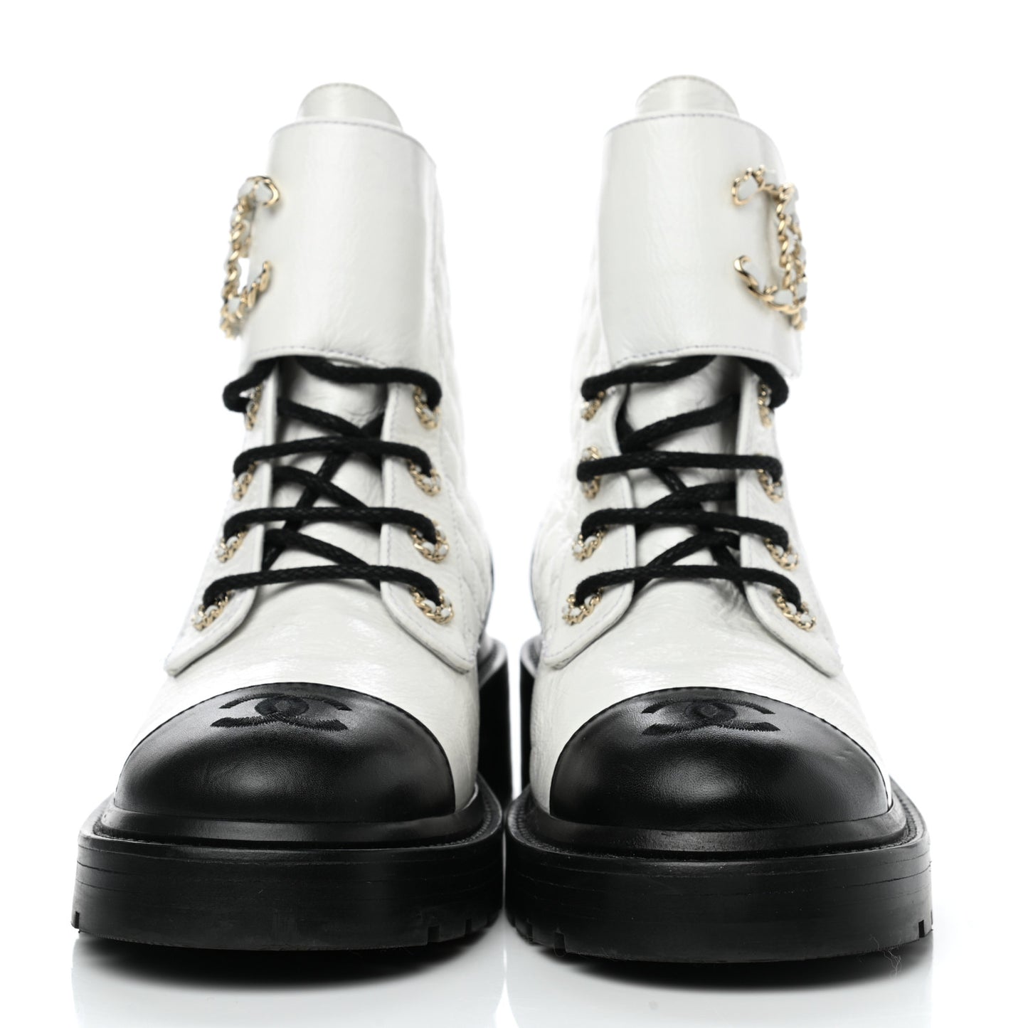 Shiny Goatskin Calfskin Quilted Lace Up Combat Boots 38 Ivory Black