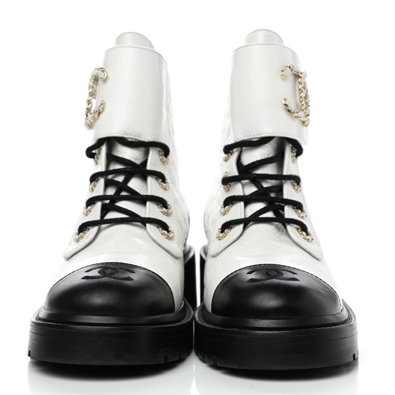 Chanel Shiny Goatskin Calfskin Quilted Lace Up Combat Boots 38 Ivory Black 2 of 9