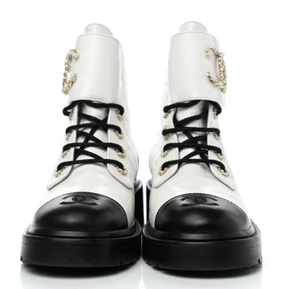 Chanel Shiny Goatskin Calfskin Quilted Lace Up Combat Boots 38 Ivory Black 2 of 9