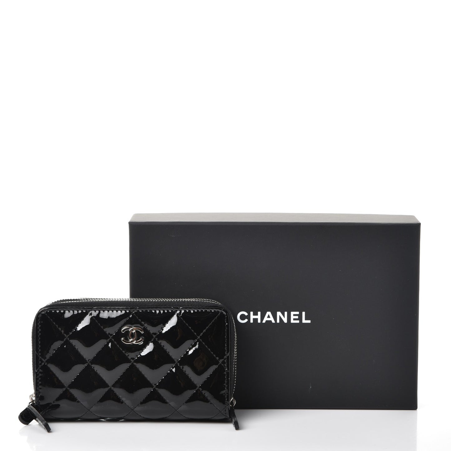 Patent Calfskin Quilted Zip Around Phone Holder Black