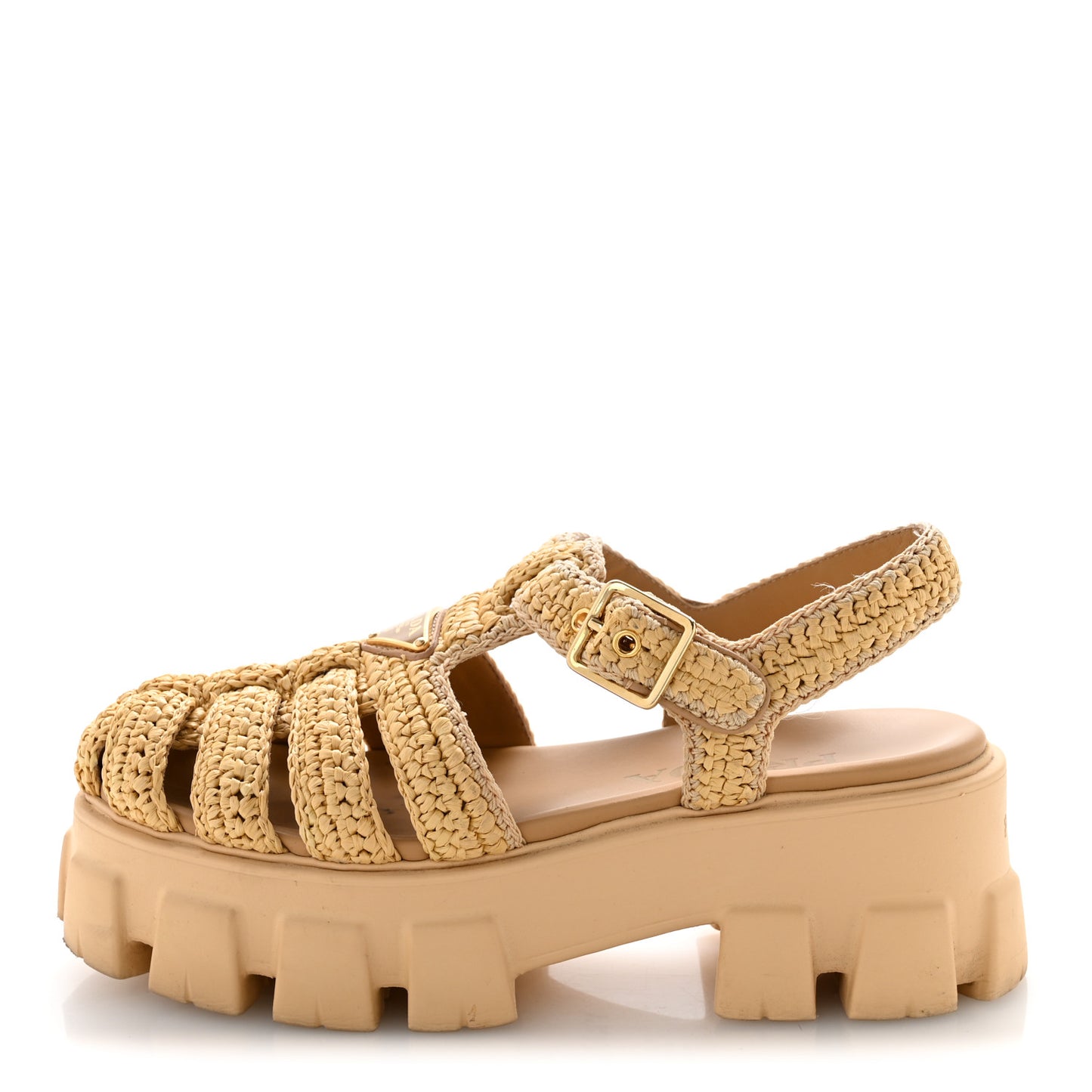 Yarn Raffia Effect Metal Triangle Logo Crochet Monolith 55mm Cage Sandals 38 Naturale