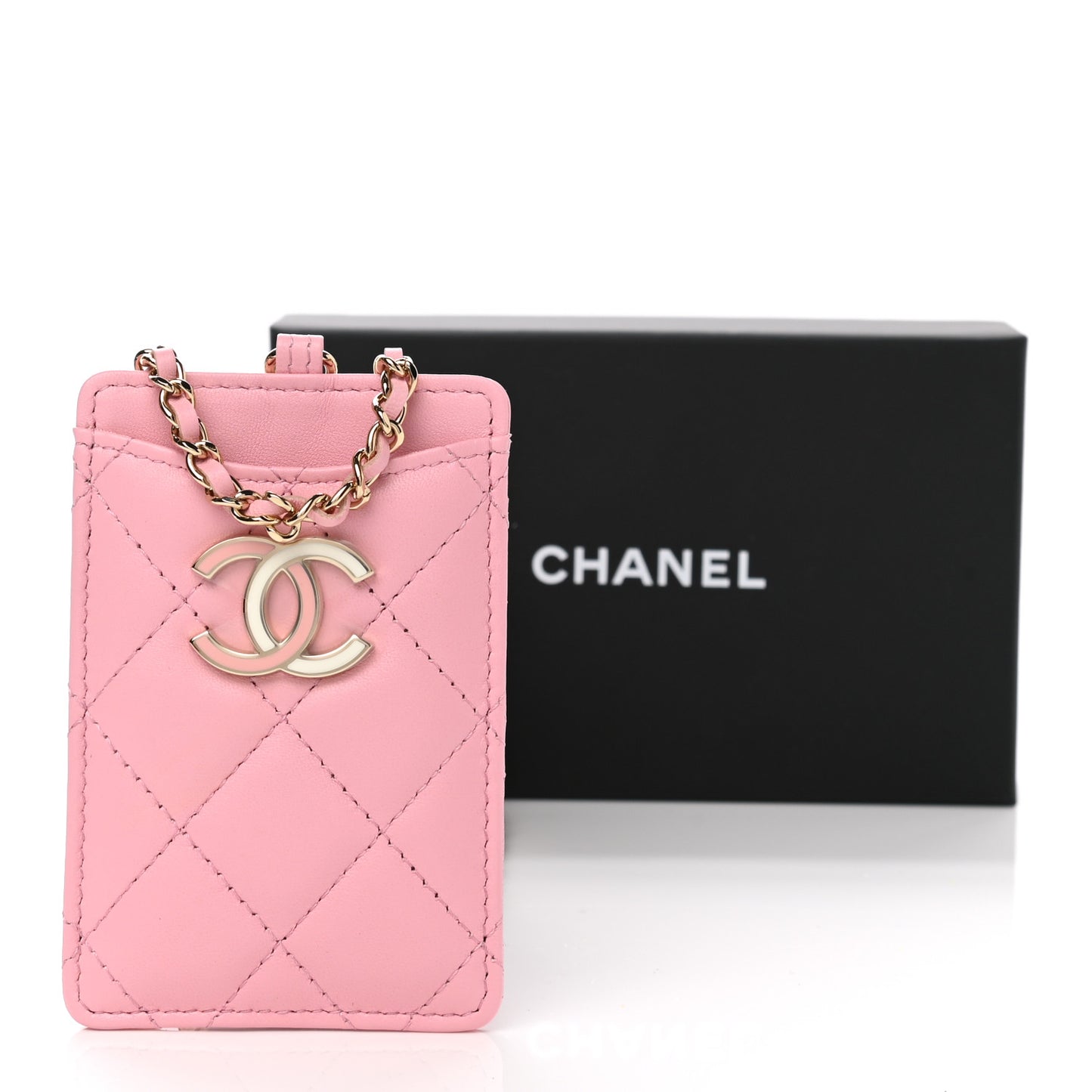 Lambskin Quilted Chanel Card Holder On Chain Pink