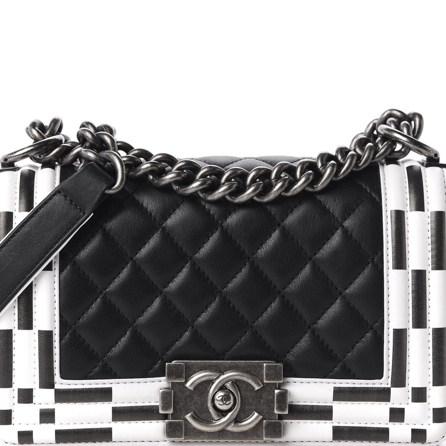 Calfskin Checkerboard Trim Small Boy Flap Black White