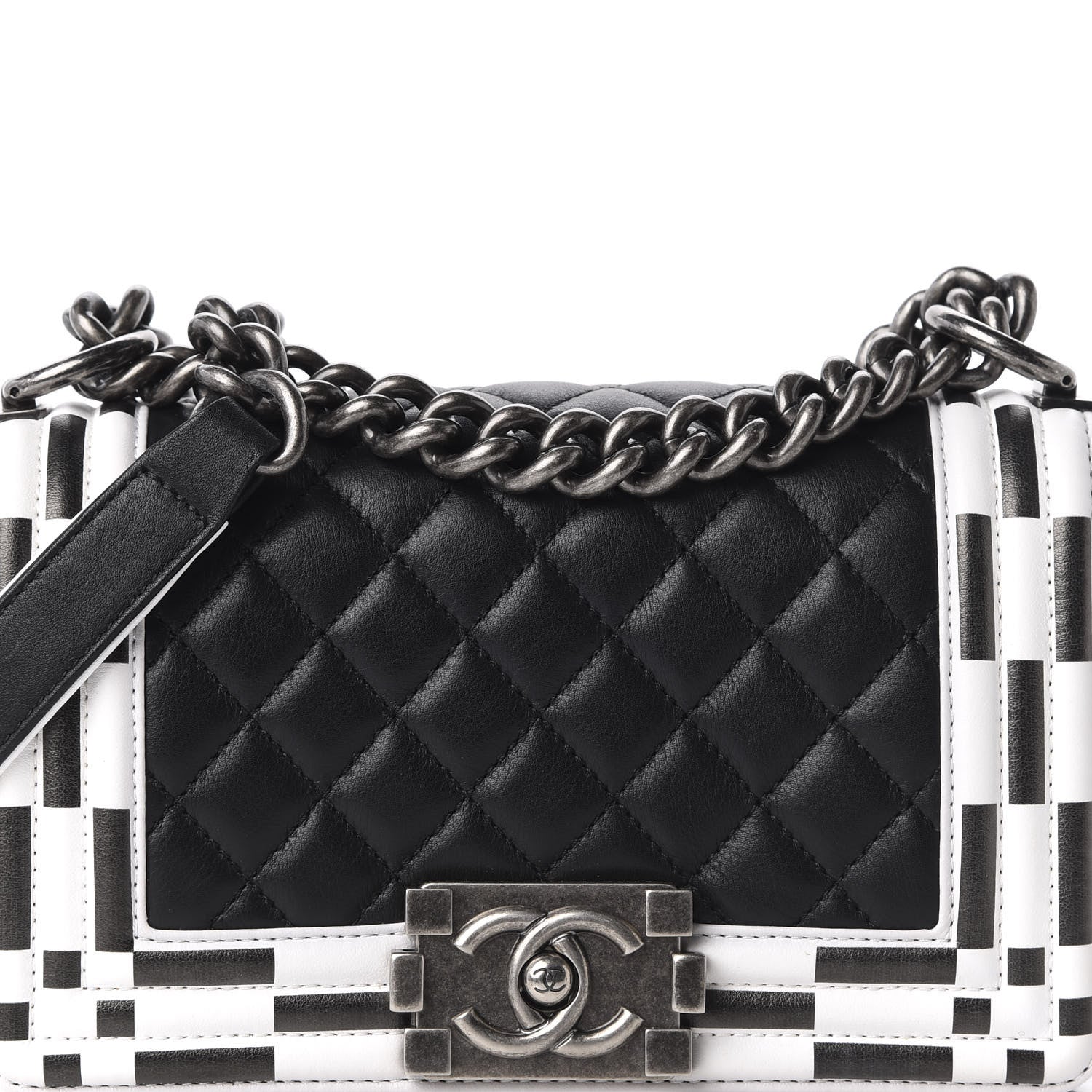Chanel Calfskin Checkerboard Trim Small Boy Flap Black White 10 of 10