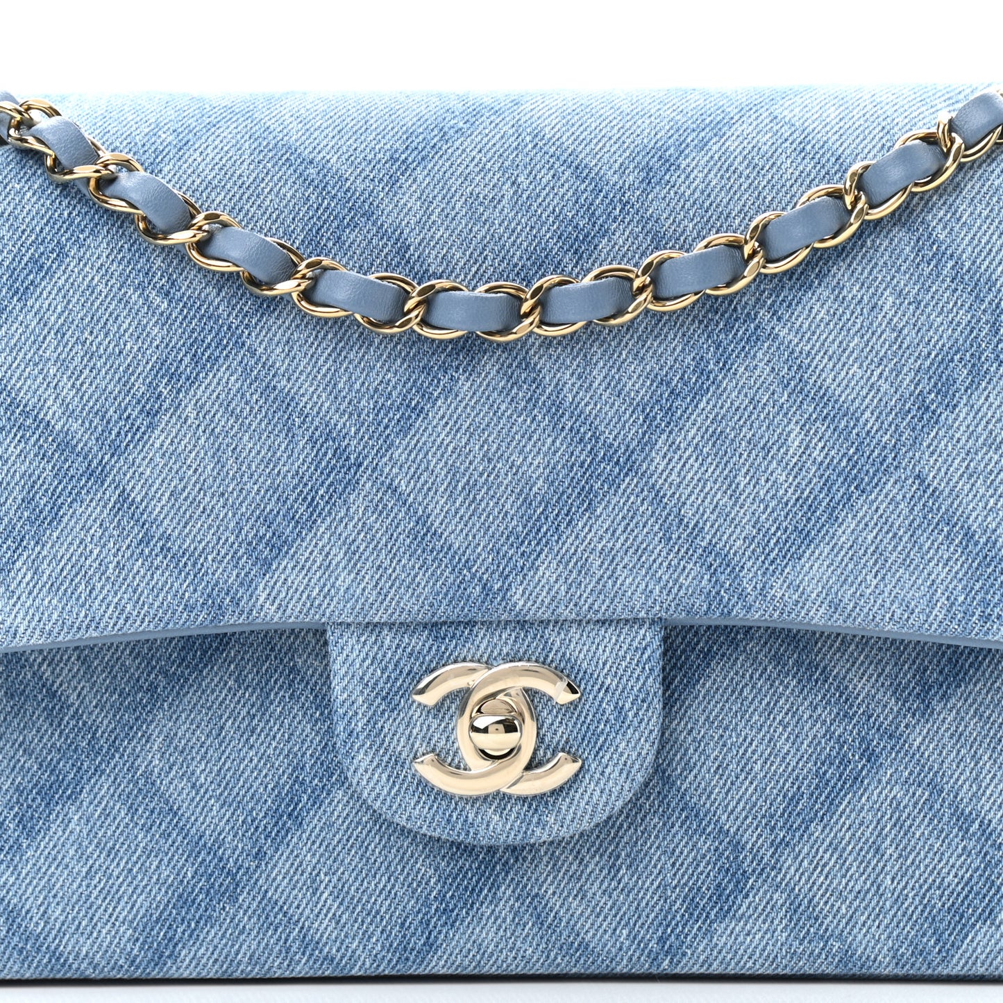 Printed Denim Quilted Medium Double Flap Light Blue