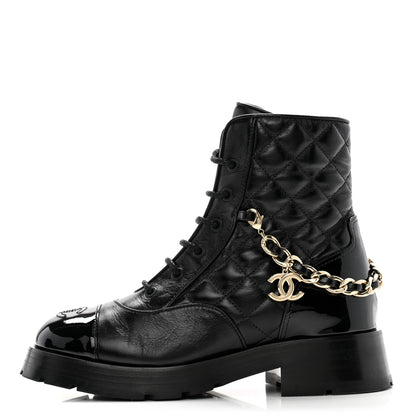 Chanel Shiny Calfskin Patent Quilted Chain Lace Up Combat Boots 36 Black 1 of 12