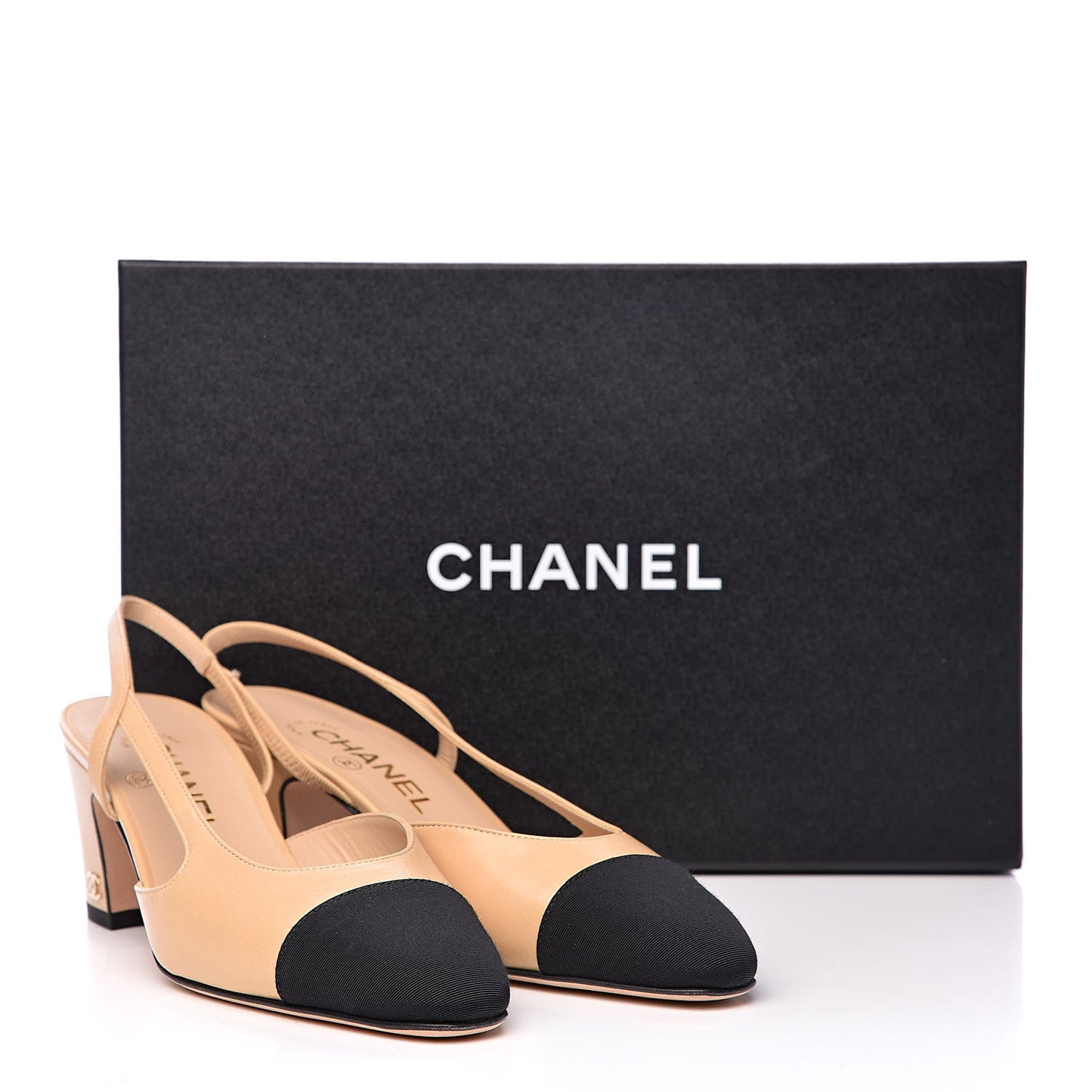 Goatskin Grosgrain Cap Toe CC Slingback Pumps 37 Beige Black