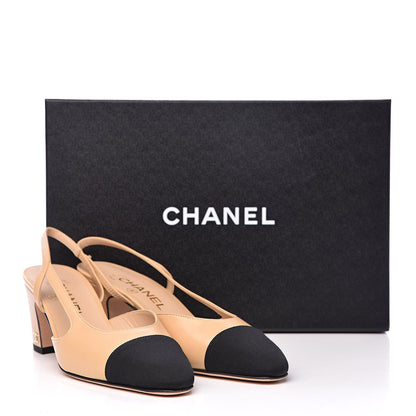 Chanel Goatskin Grosgrain Cap Toe CC Slingback Pumps 37 Beige Black 9 of 9