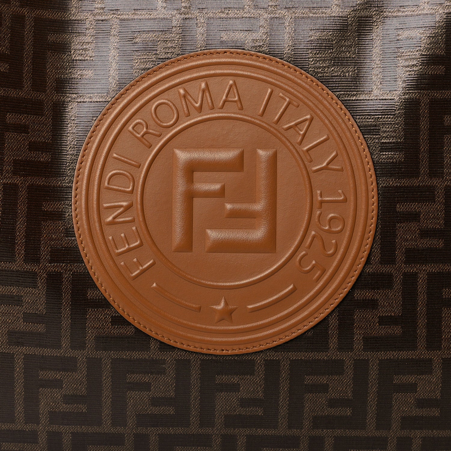 Fendi Glazed Fabric Vitello Century Plexiglass FF 1974 Stamp Patch Medium Runaway Shopper Tote Mogano Panna Nocciola 8 of 11