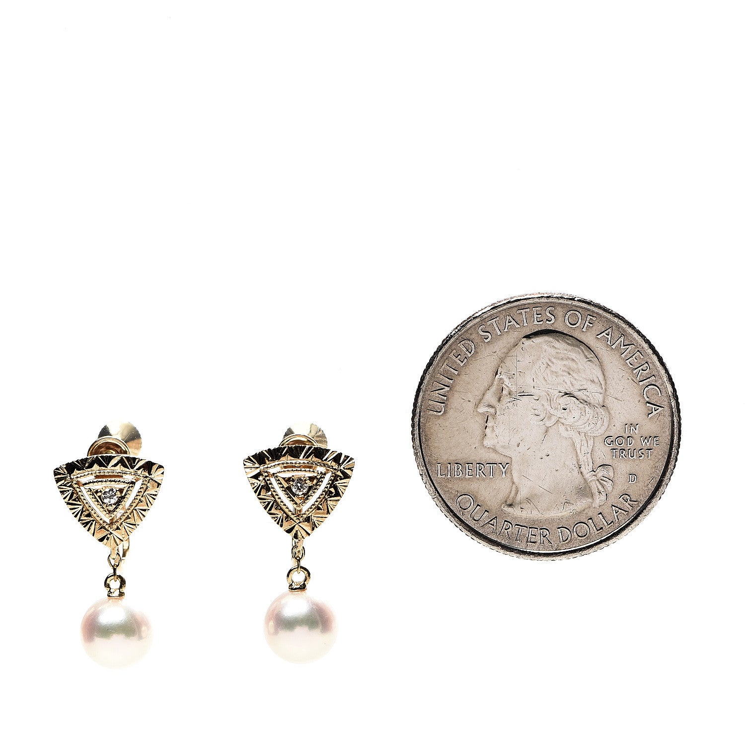 Mikimoto 18K Yellow Gold Diamond 6.5-7mm Akoya Pearl Triangle Drop Screw Back Earrings 2 of 4